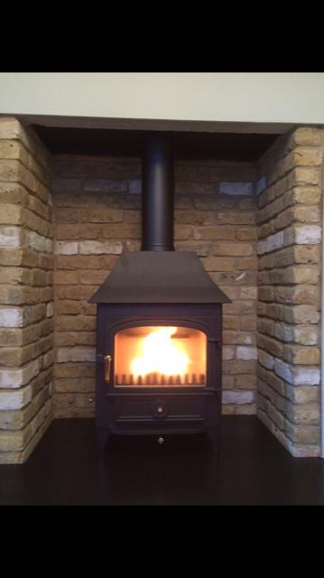 Stovax stove with canopy in brick fireplace, install Tunbridge Wells